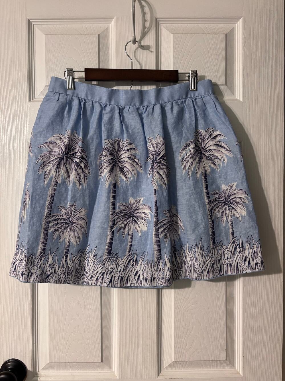 J.Crew Skirt Women's 12 Linen Cotton Tropical Print Palm Trees Blue Island Beach